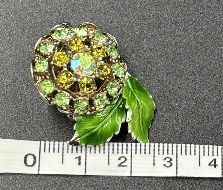Vintage Green Rhinestone Flower Clip On Earrings Enamel Leaves Mid Century
