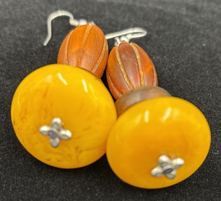 Vintage Casein Egg Yolk Earrings Chunky Marbled Butterscotch Tribal Boho Dangle