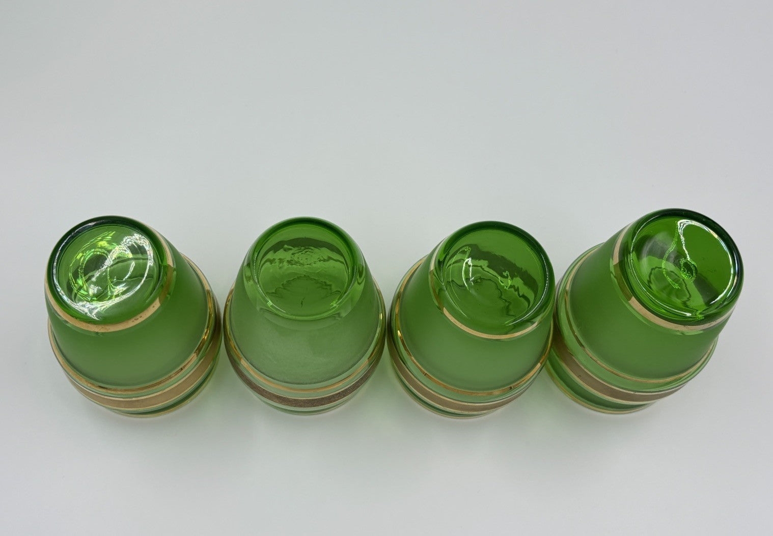 Vintage 1950s Bohemian Green Glass Pitcher & Tumbler Set Gold Fruit Band 5pc