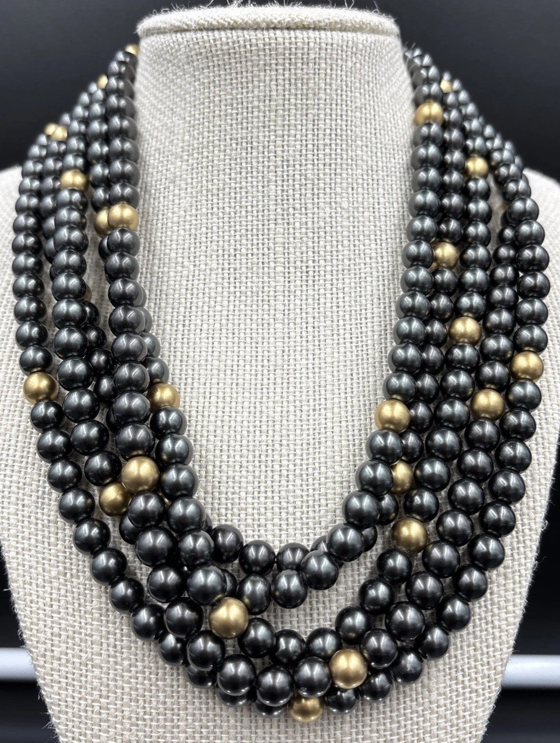 Ralph Lauren Gunmetal Gold Multi Strand Beaded Statement Necklace Toggle Clasp