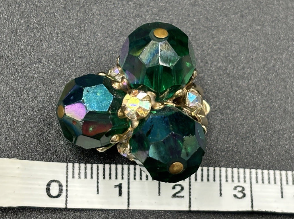 Vintage Vogue Karu Arke Emerald Green AB Crystal Cluster Clip-On Earrings Signed