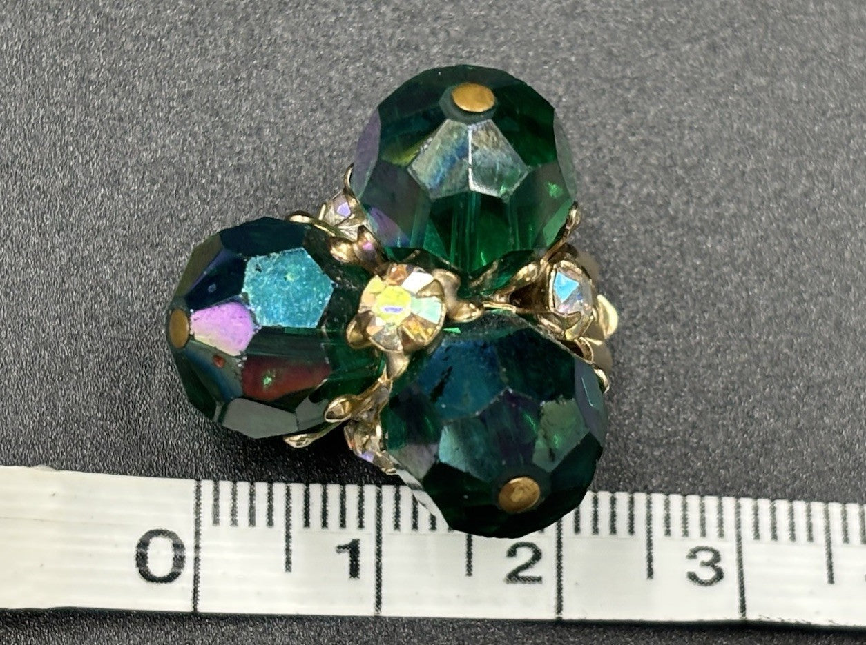 Vintage Vogue Karu Arke Emerald Green AB Crystal Cluster Clip-On Earrings Signed