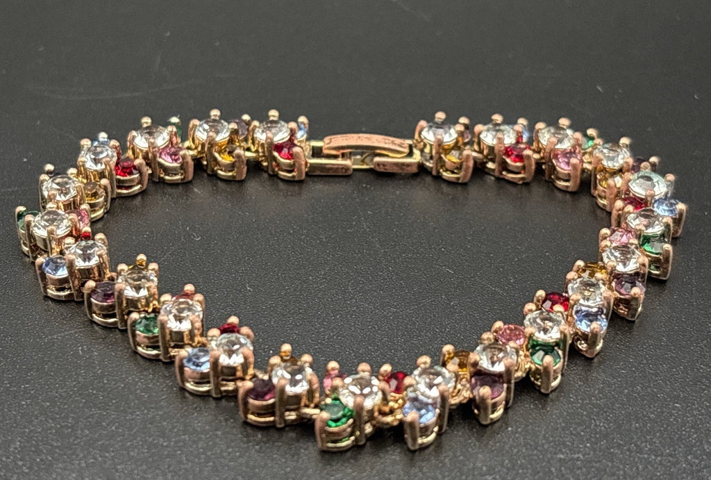 Vintage Rose Gold Tone Tennis Bracelet Multicolour Crystal Link Statement