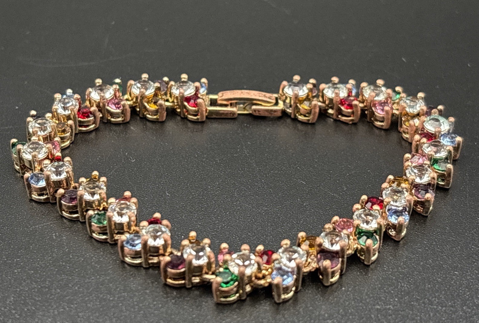 Vintage Rose Gold Tone Tennis Bracelet Multicolour Crystal Link Statement