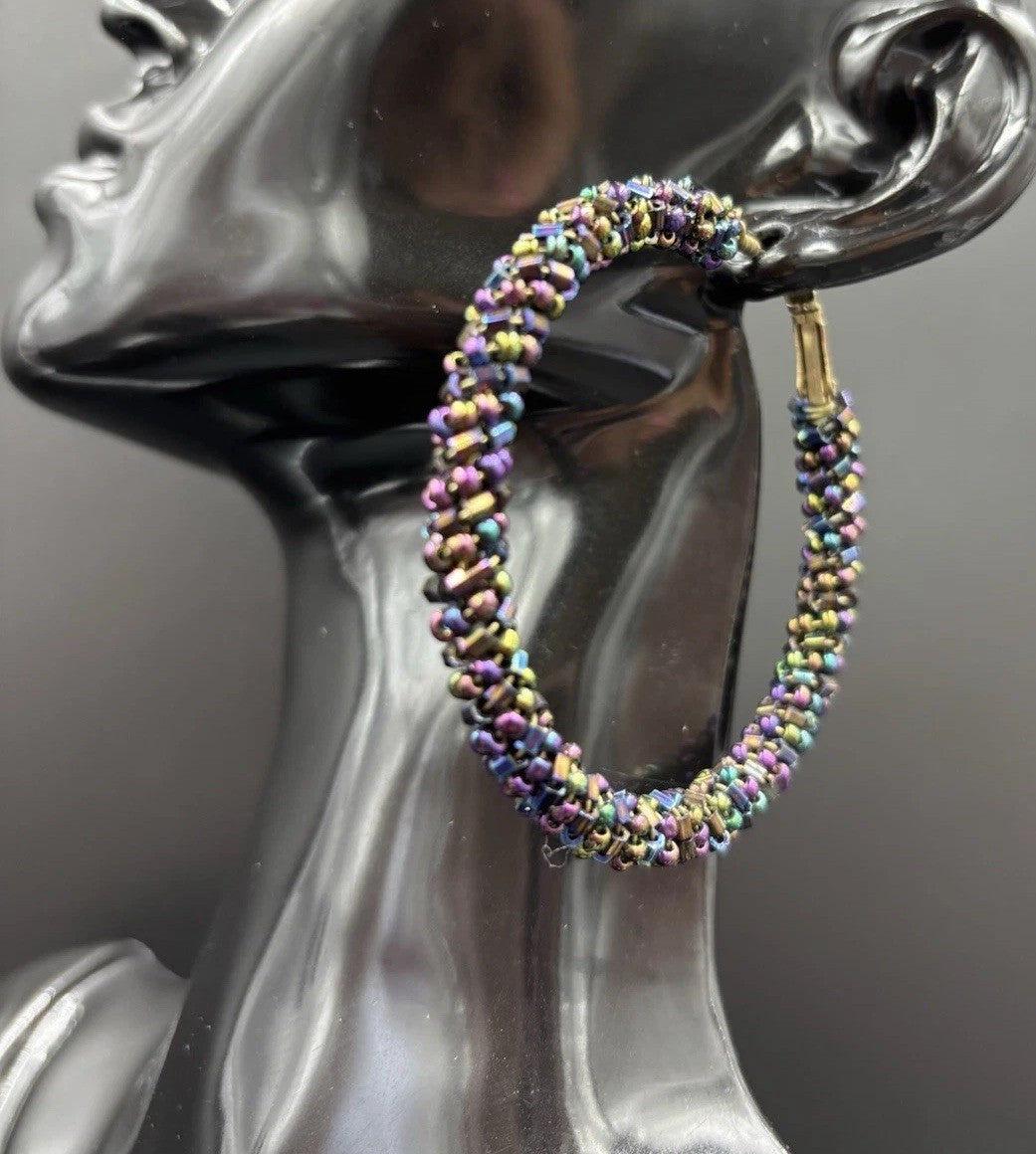 Vtg Earrings Kumihimo Beaded Peacock Earrings Large Multicoloured. ￼