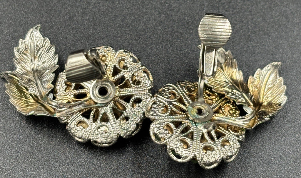 Vintage Green Rhinestone Flower Clip On Earrings Enamel Leaves Mid Century