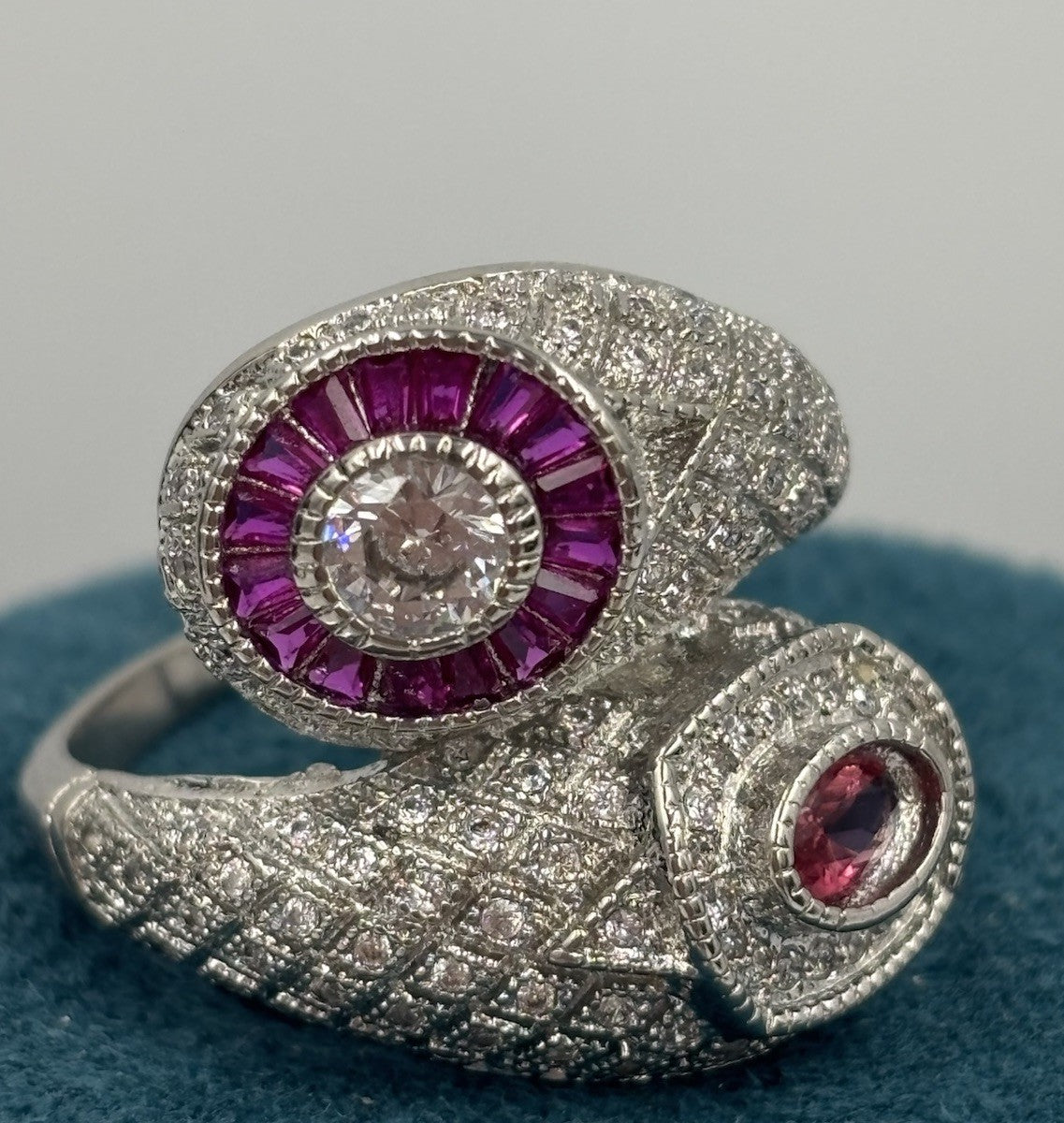 Vintage Style Stamped S925 Silver Ruby CZ Pavé Cocktail Ring US 9¼