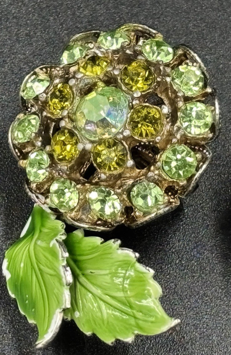 Vintage Green Rhinestone Flower Clip On Earrings Enamel Leaves Mid Century