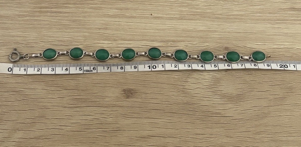 Vintage 10K White Gold Jade Cabochon Link Bracelet Natural Green