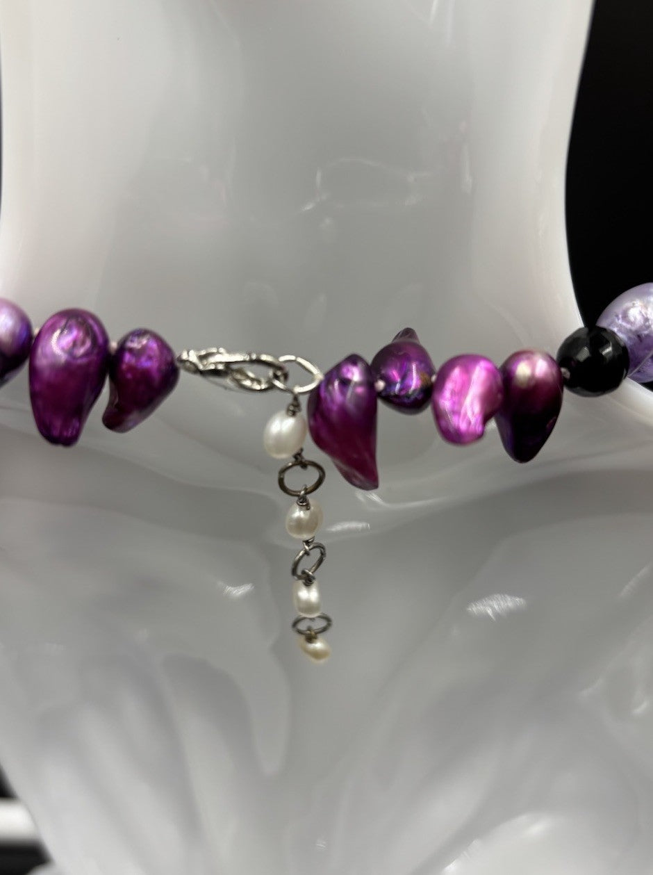 Vintage Y2K Necklace Purple Pink Freshwater Pearls Crystal Bead Strand