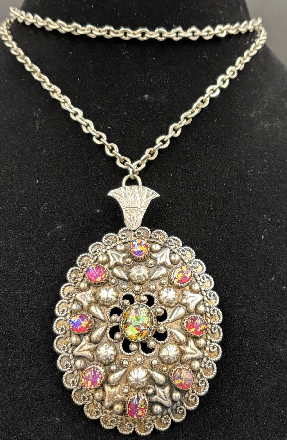 Vintage Sterling Silver Etruscan Egyptian Revival Necklace Foil Art Glass