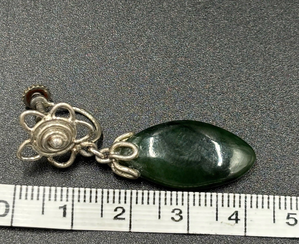 Vintage Silver Nephrite Jade Earrings Screw Back Floral Drop Jewelry 1950s
