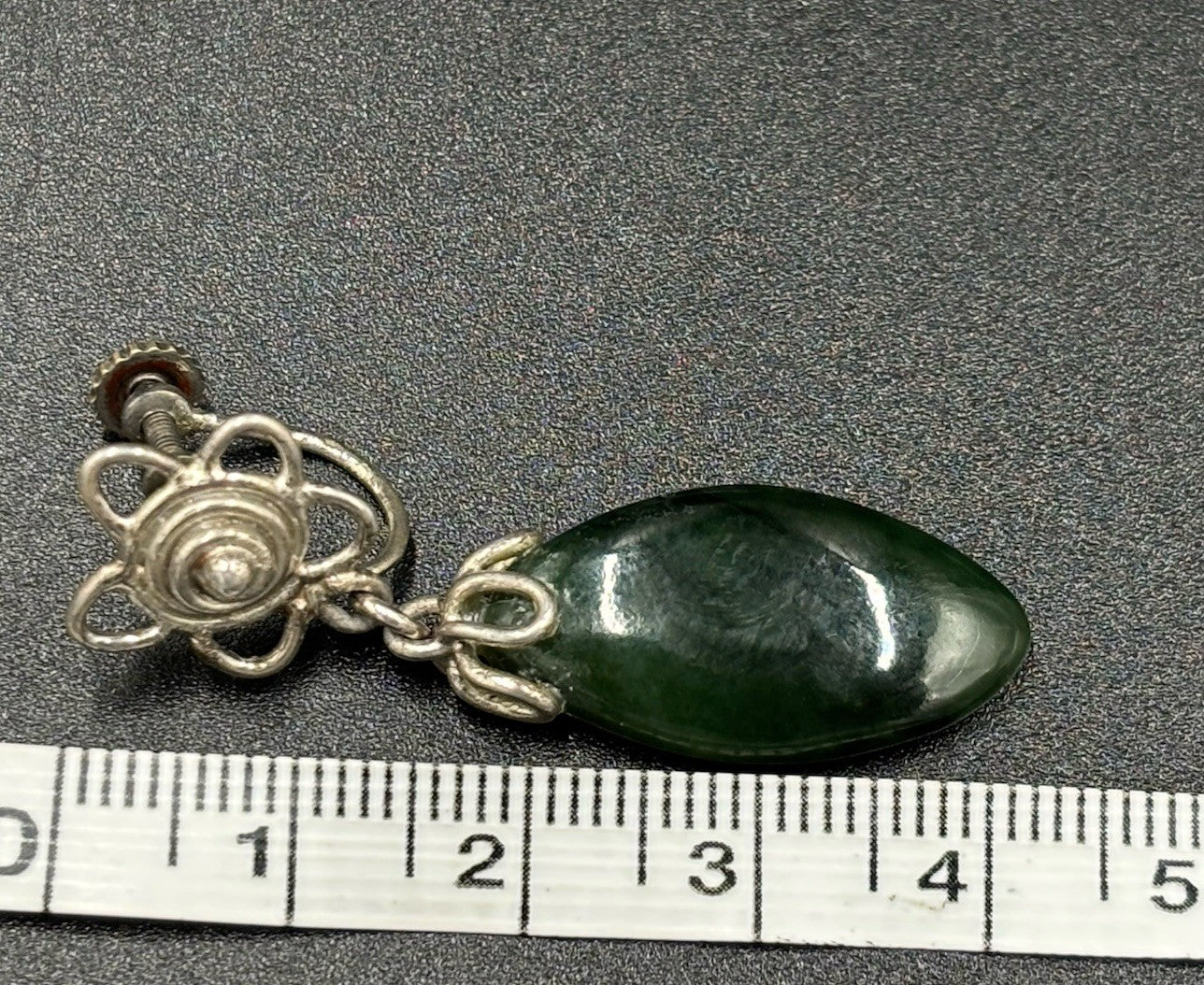 Vintage Silver Nephrite Jade Earrings Screw Back Floral Drop Jewelry 1950s