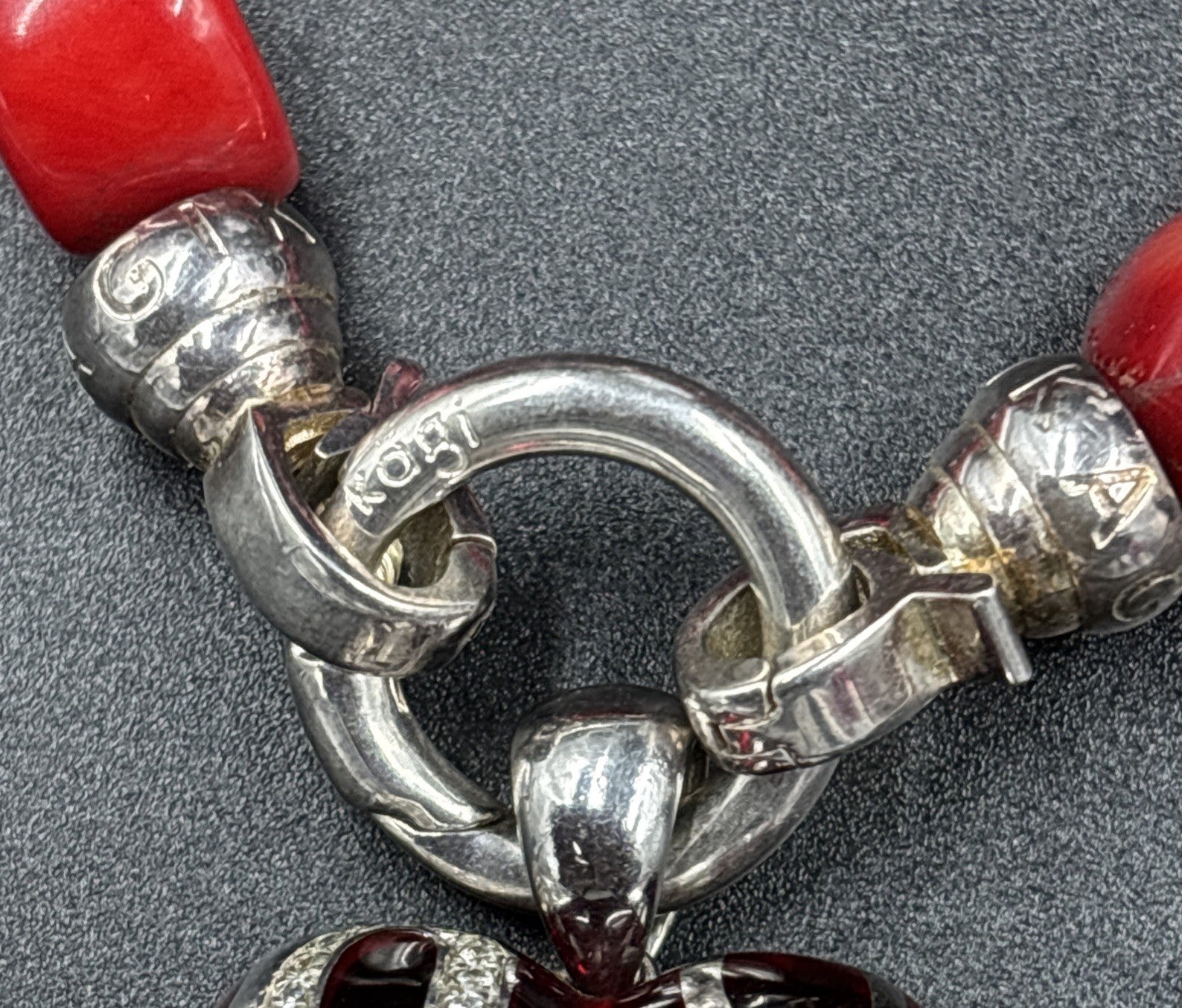 Kagi Red Bamboo Coral Silver Bracelet With A Silver Love Heart Charm