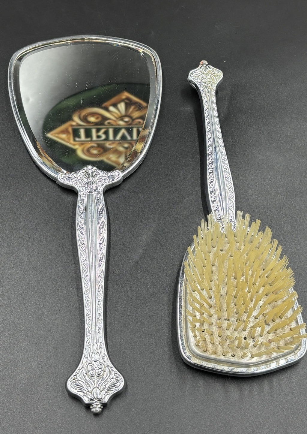 Vintage Vanity Brush & Hand Mirror Set Floral Silver Tone Mid Century