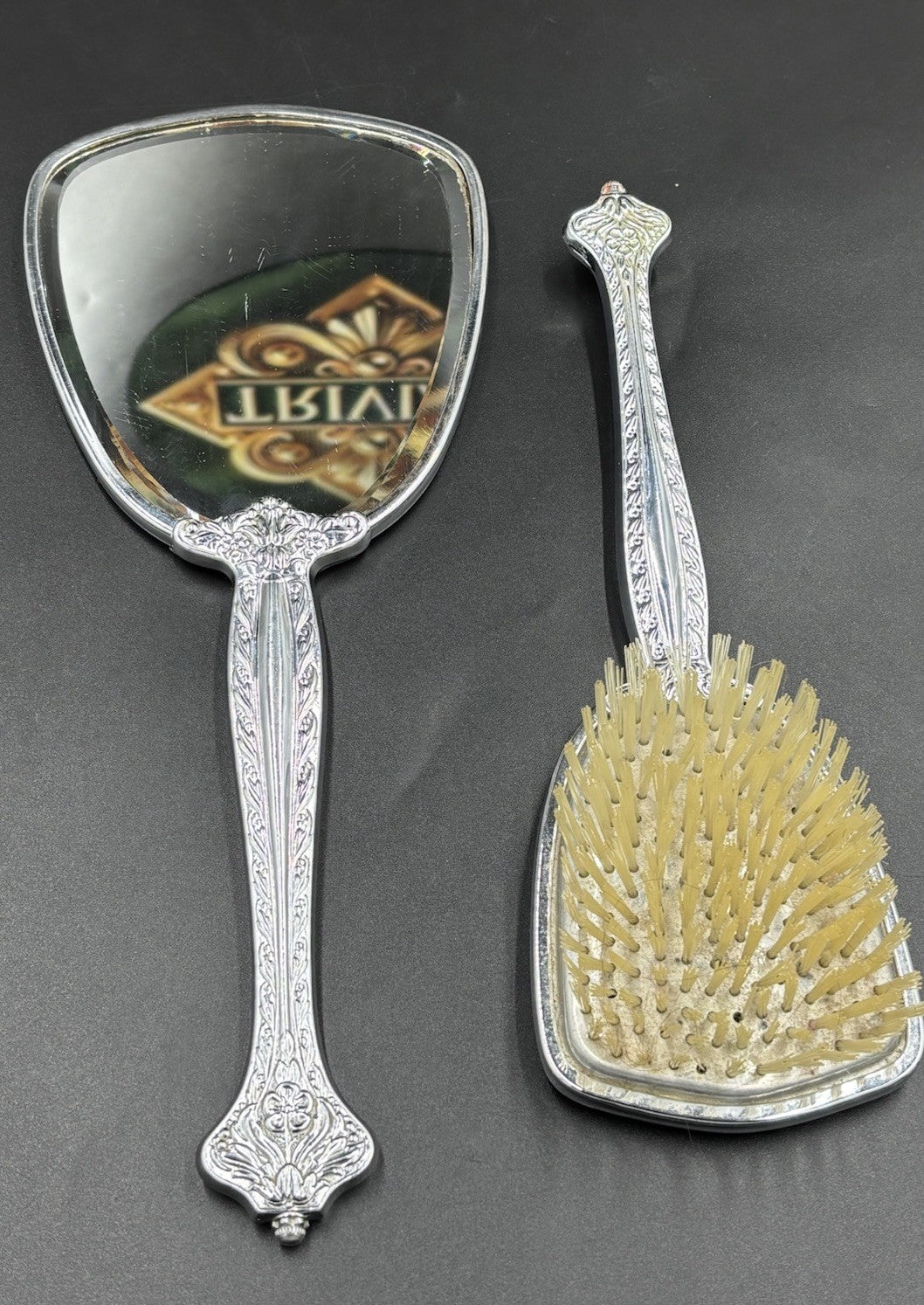 Vintage Vanity Brush & Hand Mirror Set Floral Silver Tone Mid Century