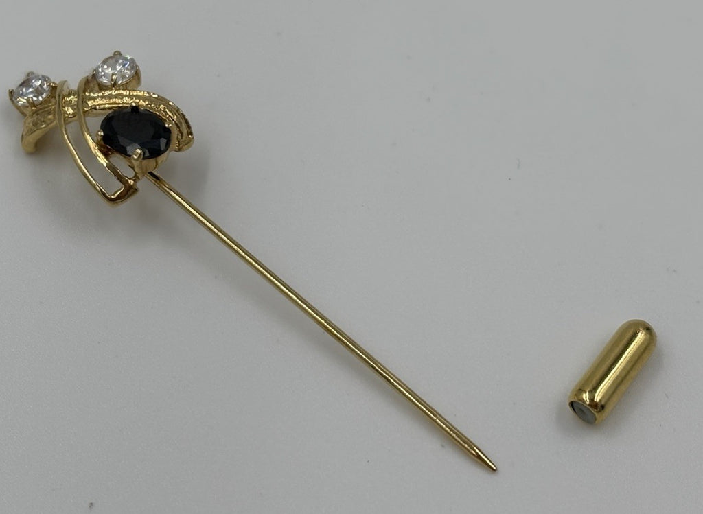 Vintage Gold Tone Stick Pin with Onyx & Clear Rhinestone Lapel Brooch