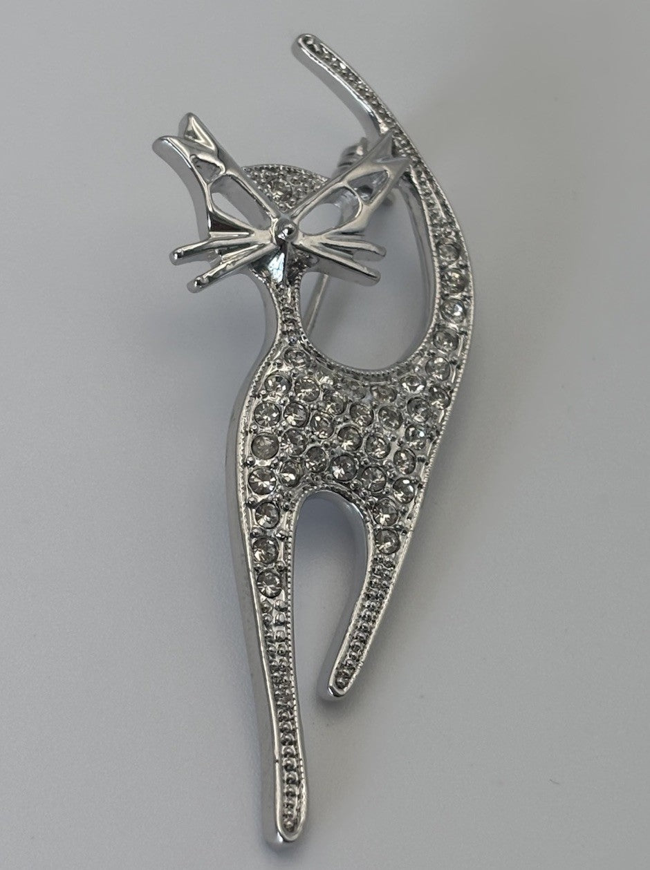 Vtg Siamese Kitty Cat Brooch MCM Silver Tone Clear Crystals Fashion Jewelry Pin
