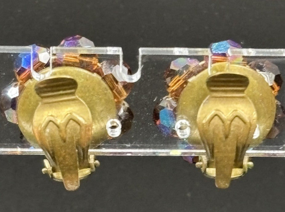 Vtg Aurora Borealis Champagne Crystal Necklace & Clip On Earring Set Gold Tone