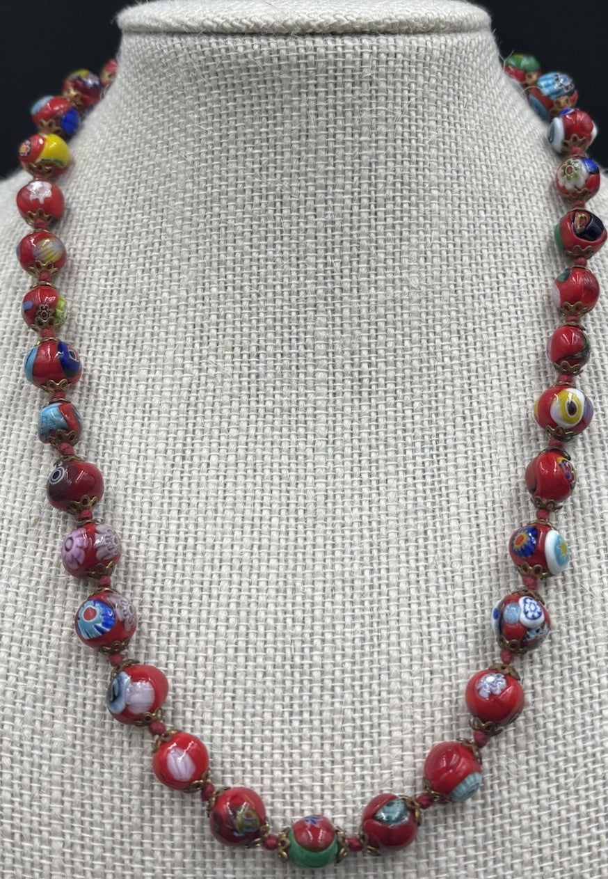 Vintage Murano Millefiori Glass Necklace Red Beads Venetian 1950s Italy