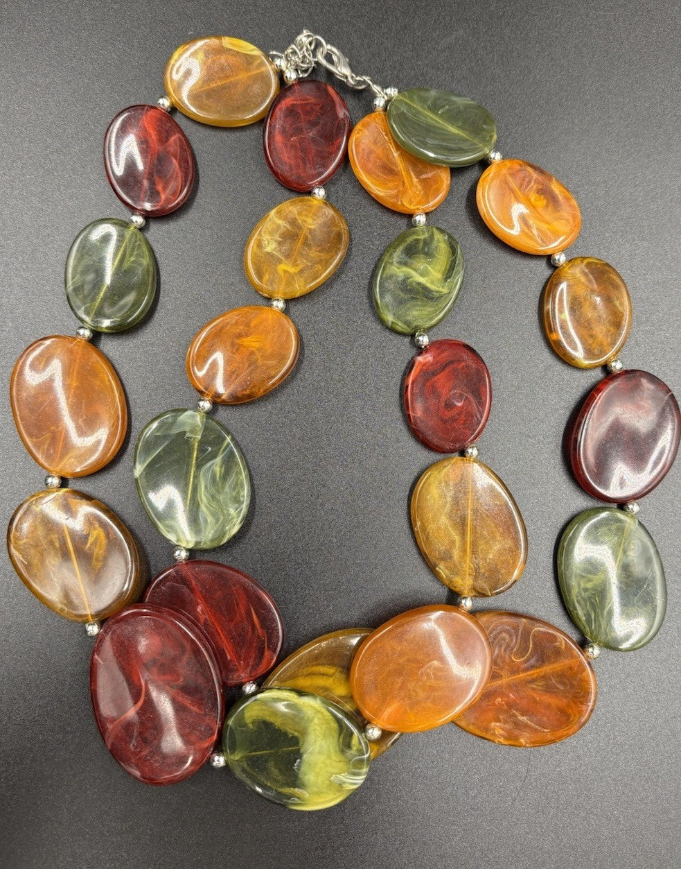 Vintage Chunky Marbled Resin Bead Necklace Green Amber Red Swirl Statement