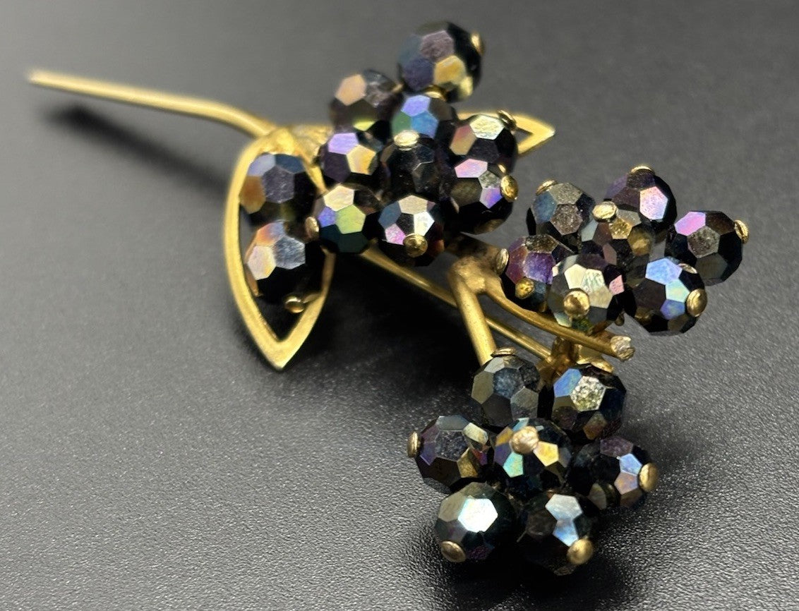 Vintage 1950s Aurora Borealis Beaded Flower Brooch Gold Tone Floral Spray