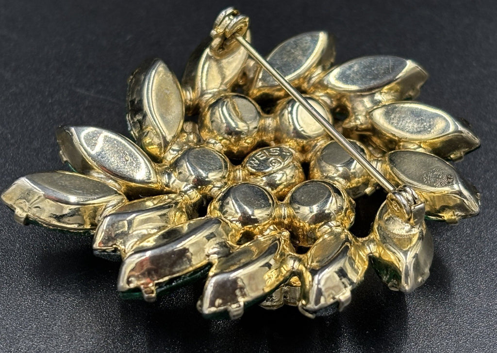 Vintage Weiss Green Rhinestone Brooch Signed Floral Cluster 1950s Jewelry