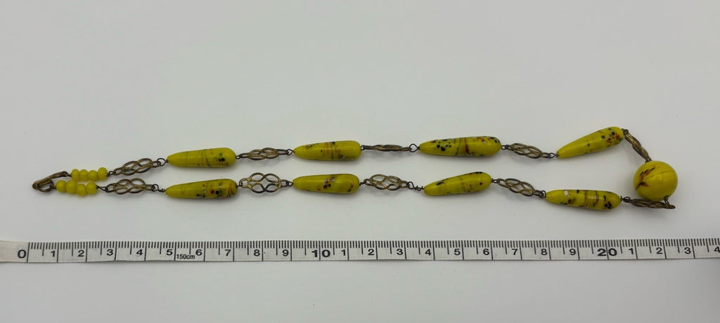Antique Art Deco Czech Yellow Spatter Glass Necklace 1920s Jewelry
