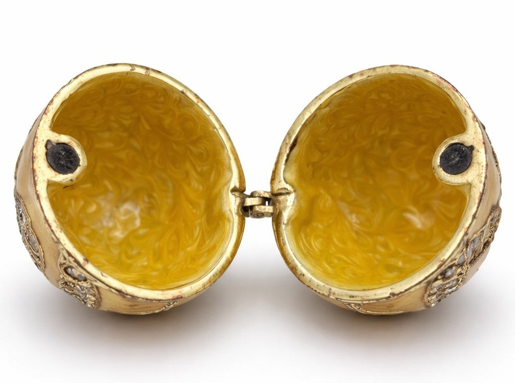 Fabergé Style Yellow Enamel Egg Trinket Box on Stand Jeweled Vintage Collectible