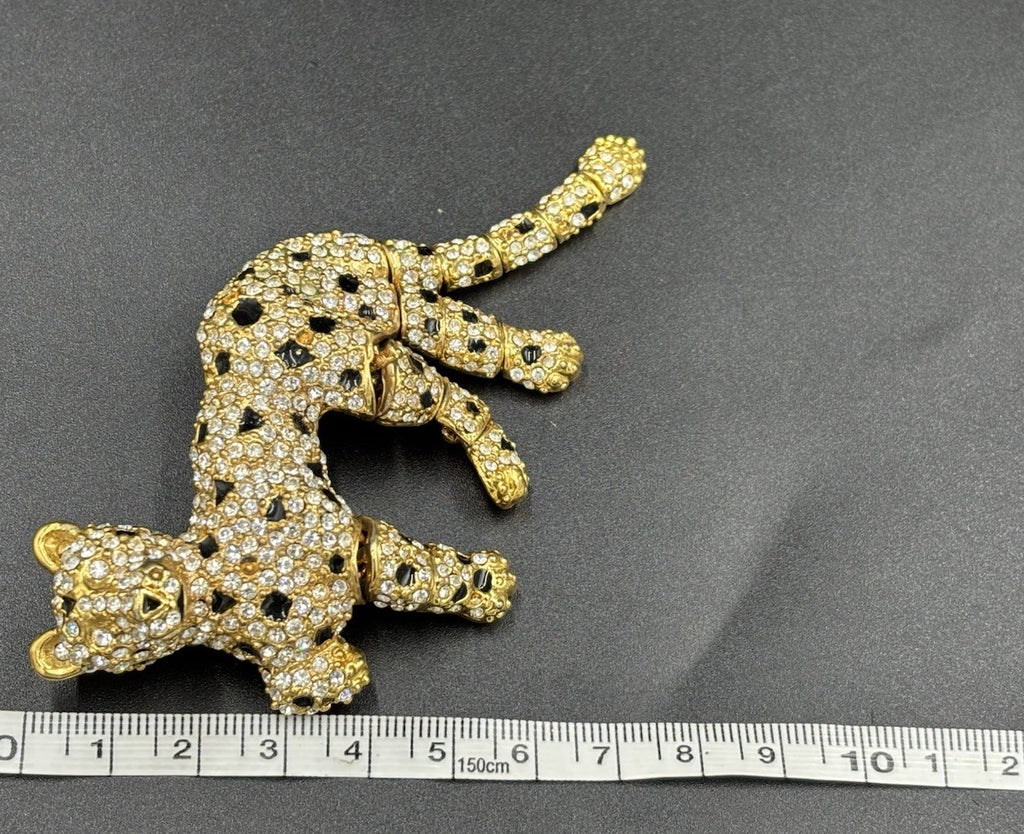 Vintage Articulated Leopard Brooch Gold Tone Rhinestone Panther
