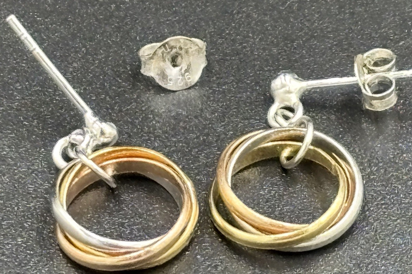 Vintage Tri Color Hoop Earrings 9ct Gold Rose Yellow Silver 925 Mixed Metal