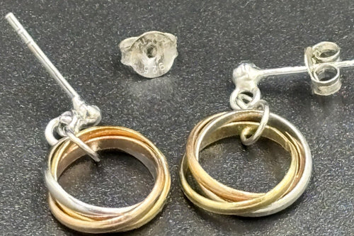 Vintage tri colour hoop earrings 9ct gold rose yellow silver 925 mixed metal hallmarked