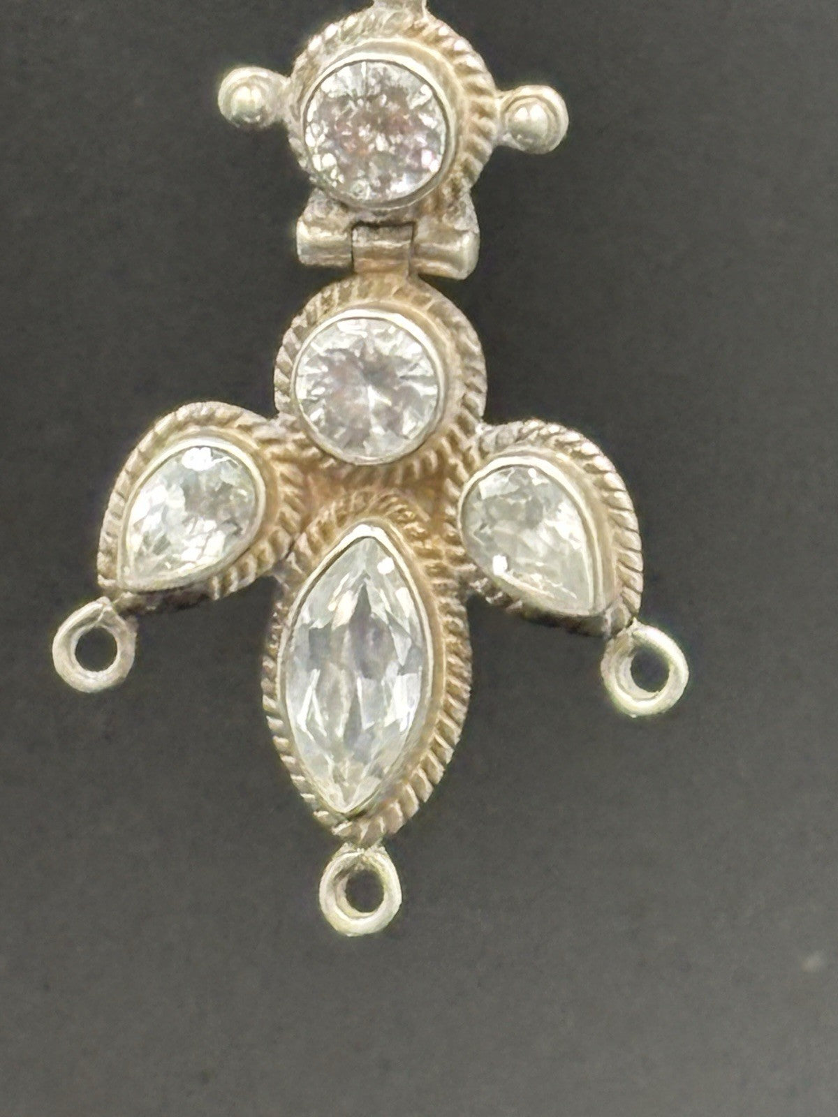 Antique Sterling Silver Crystal Drop Earrings Ornate Bezel Set 925 Design