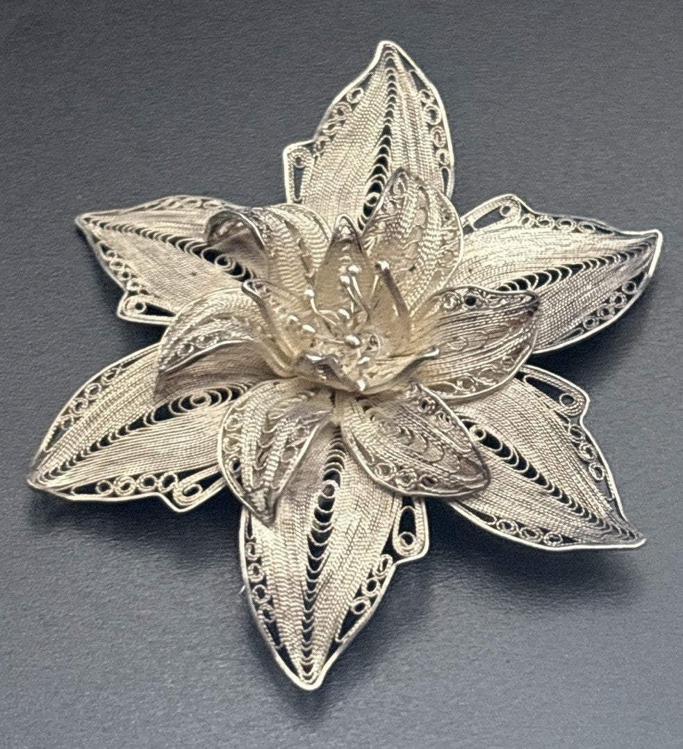 Vintage Sterling Silver Filigree Flower Brooch Large Statement European Handmade
