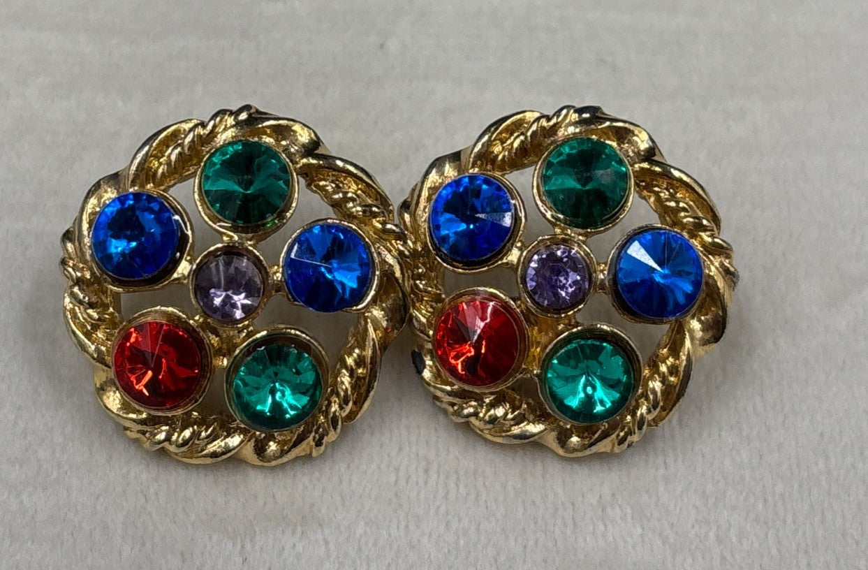 Vintage Mogul Style Pierced Earrings Gold Tone Colourful Glass Rhinestone