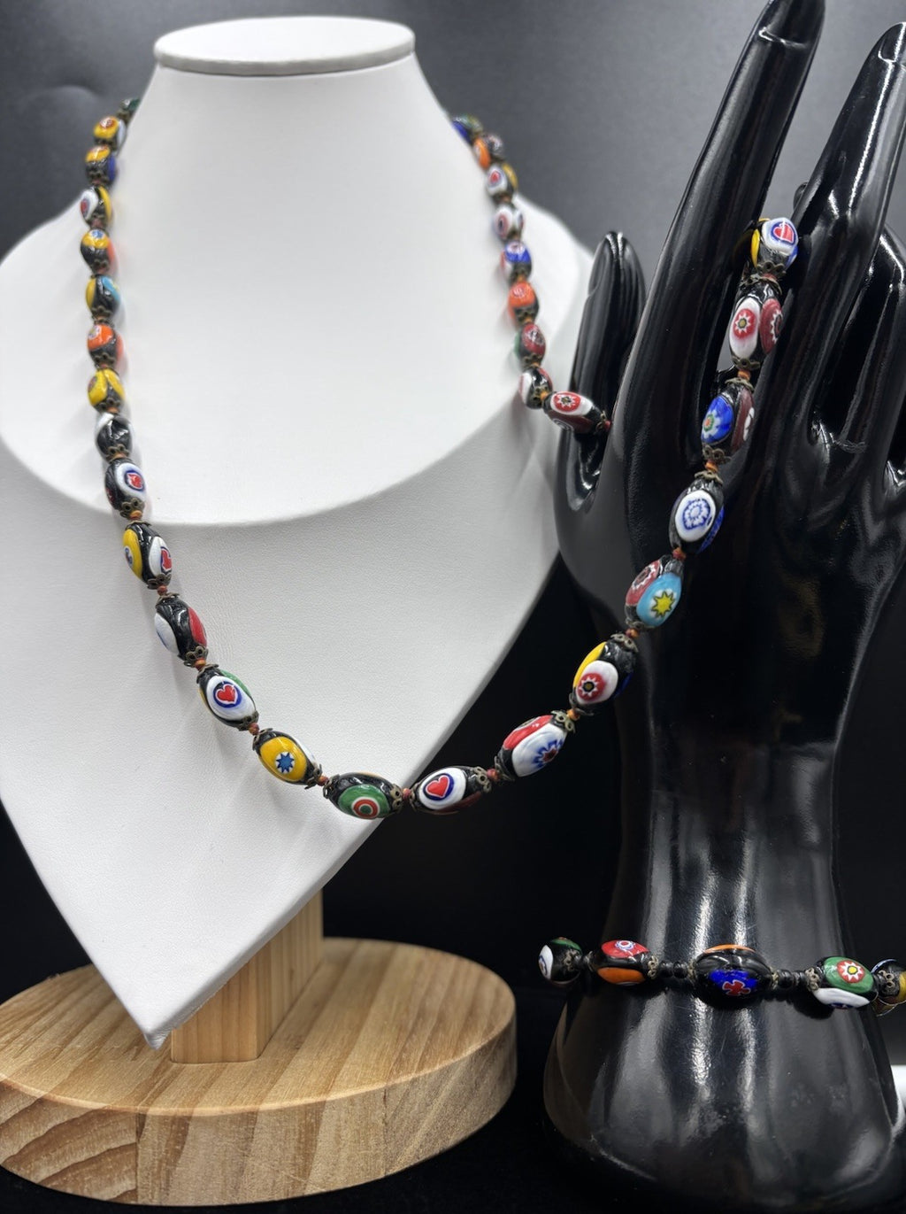 Vintage Murano Millefiori Glass Bead Necklace & Bracelet Set Venetian 1950s