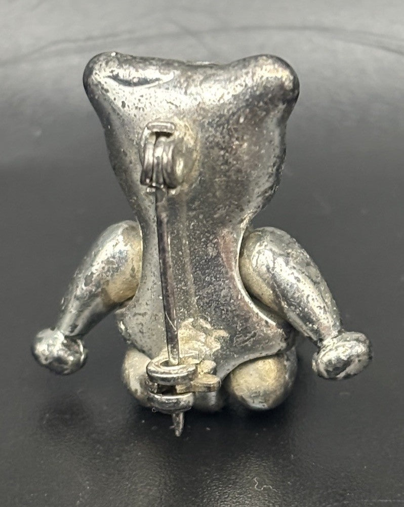 Vintage Articulated Teddy Bear Brooch Silver Tone Movable Limbs Retro Pin
