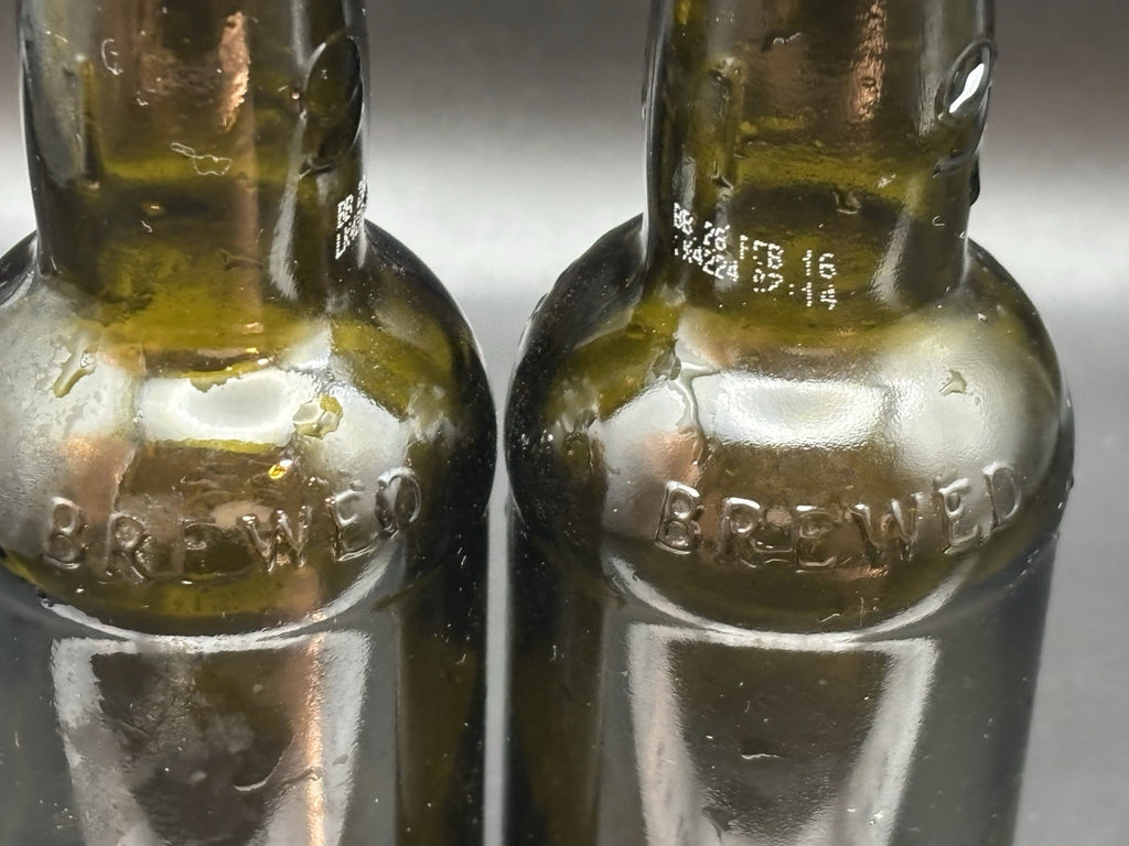 Rustic Olive Green Embossed Brewery Beer Bottles Pair Bar Decor Display ￼