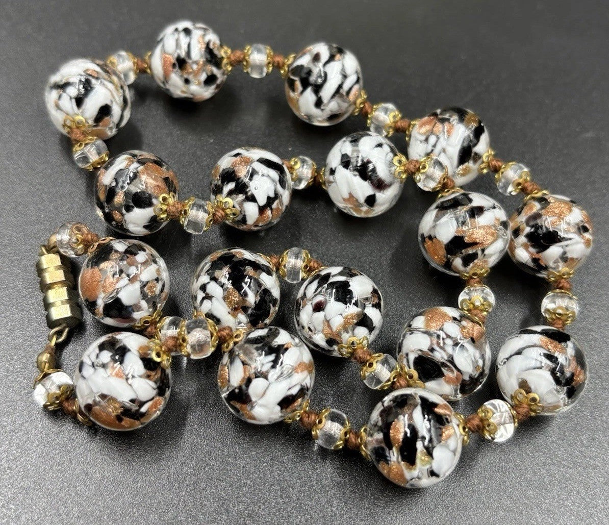 Vintage Murano Glass Venetian White Black Rose Gold Leaf Marble Accents Necklace