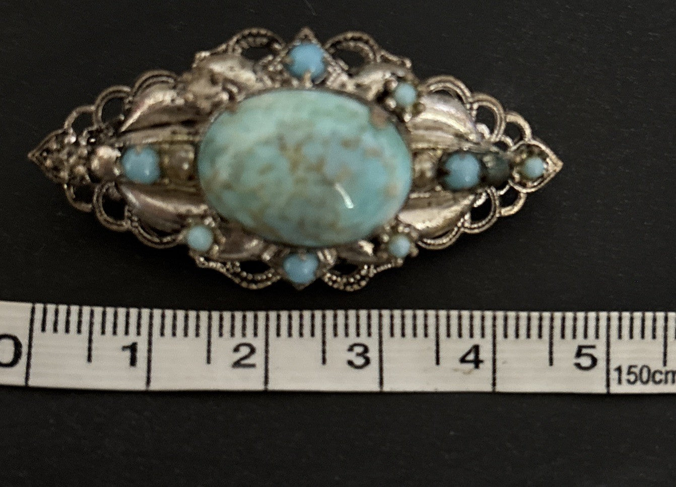 Vintage Turquoise Glass Filigree Bar Brooch Silver Tone Antique Style