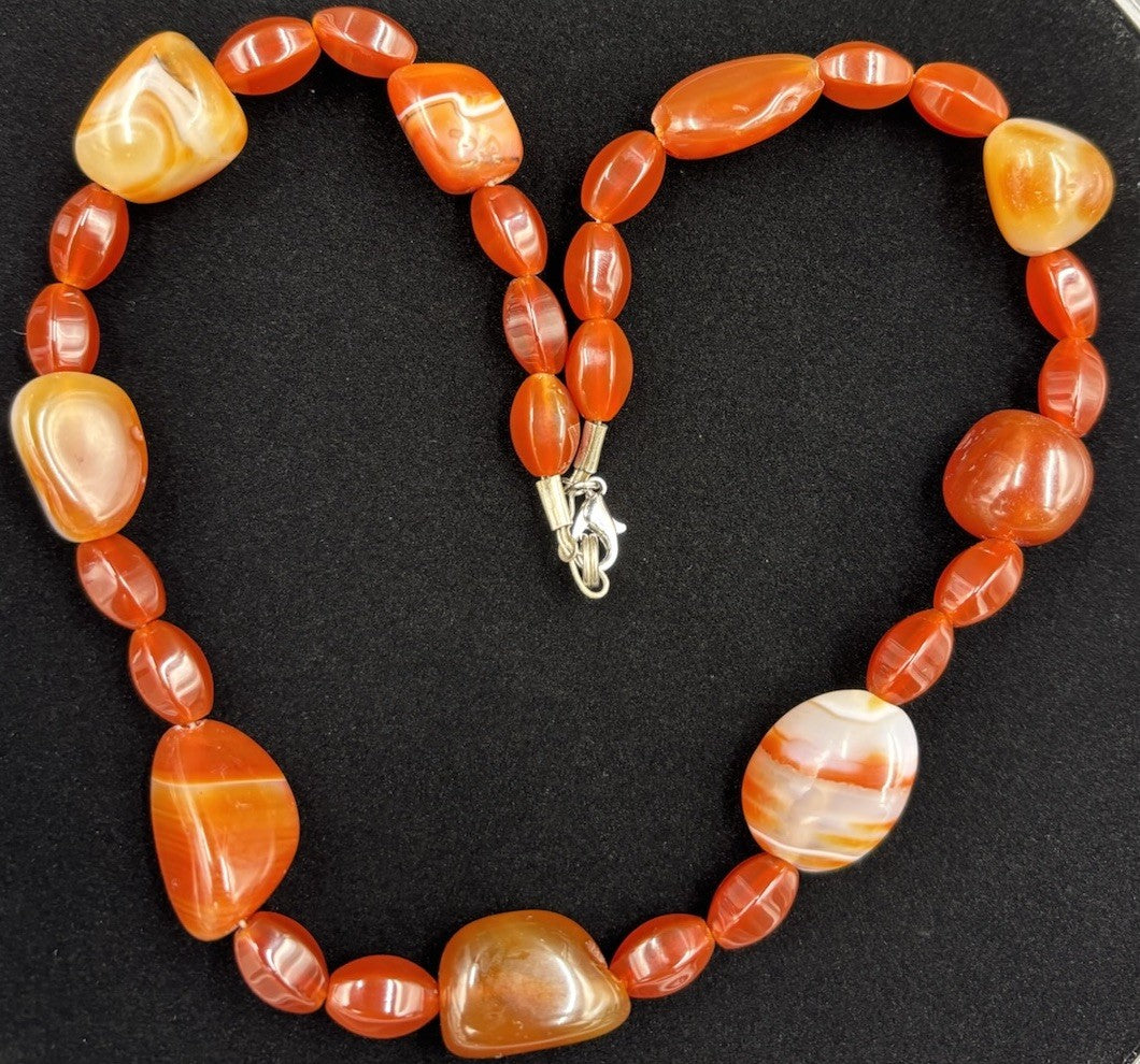 Vintage Banded Carnelian Bead Necklace Warm Tones Polished Statement