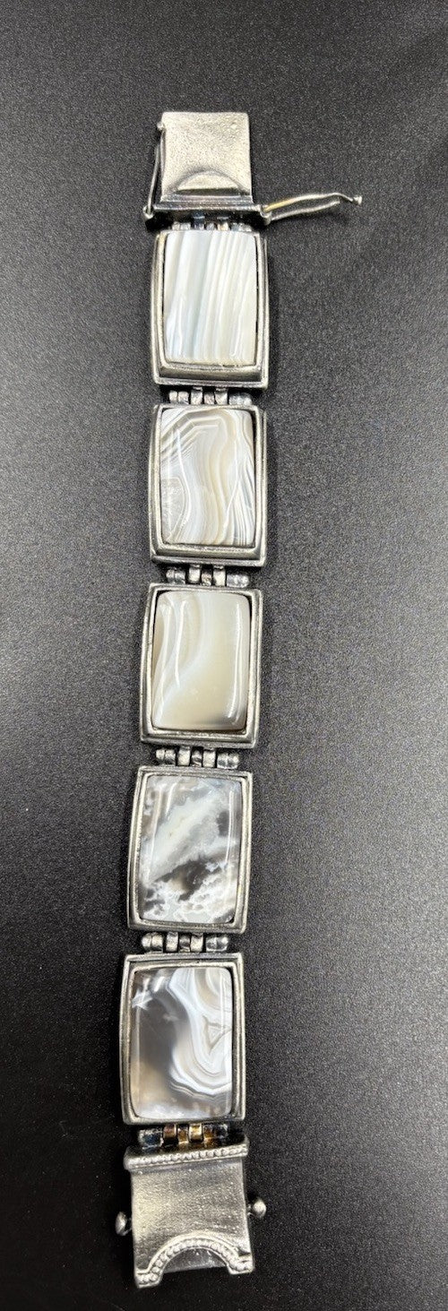 Vintage Agate Panel Bracelet – Mid Century Modernist Silver Tone Jewelry