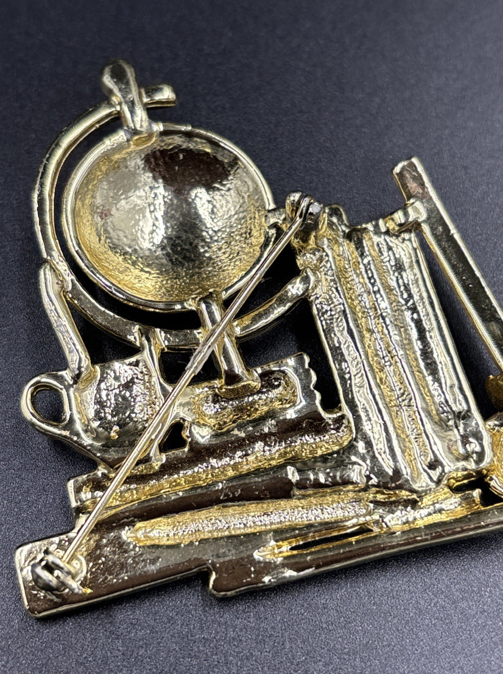 Vintage Brooch Pin Teacher Globe Apple Books Gold Tone Ajc Ruler Pencil Brooch