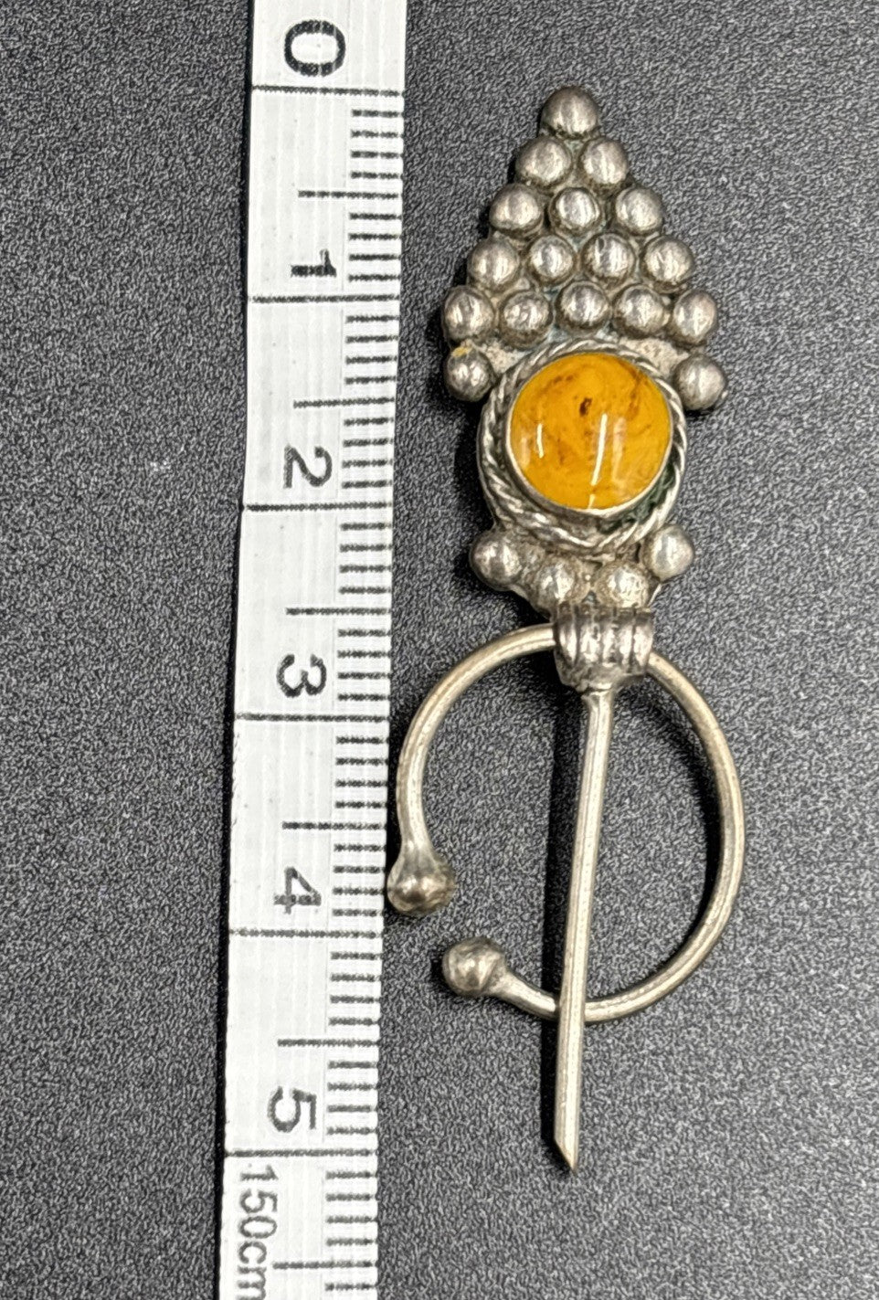 Vintage Berber Fibula Cloak Pin – Silver Tone, Amber Cabochon