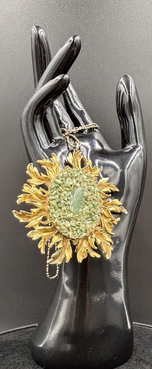 Vintage Sunburst Pendant Necklace Crushed Green Stone 18K Gold Filled Chain