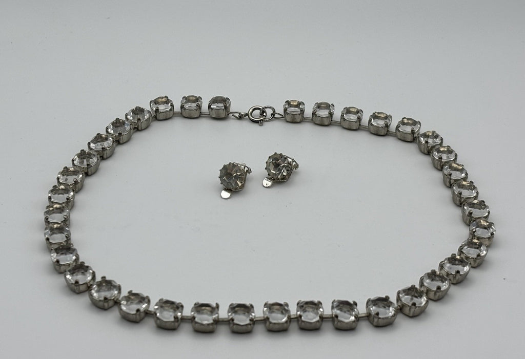Vintage Mid Century Clear Rhinestone Necklace with Matching Clip Earrings Set