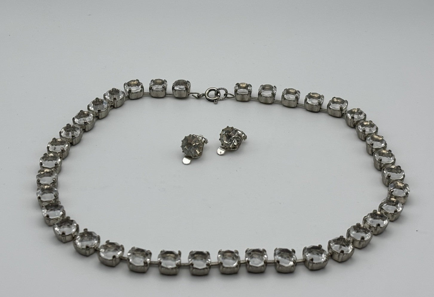Vintage Mid Century Clear Rhinestone Necklace with Matching Clip Earrings Set