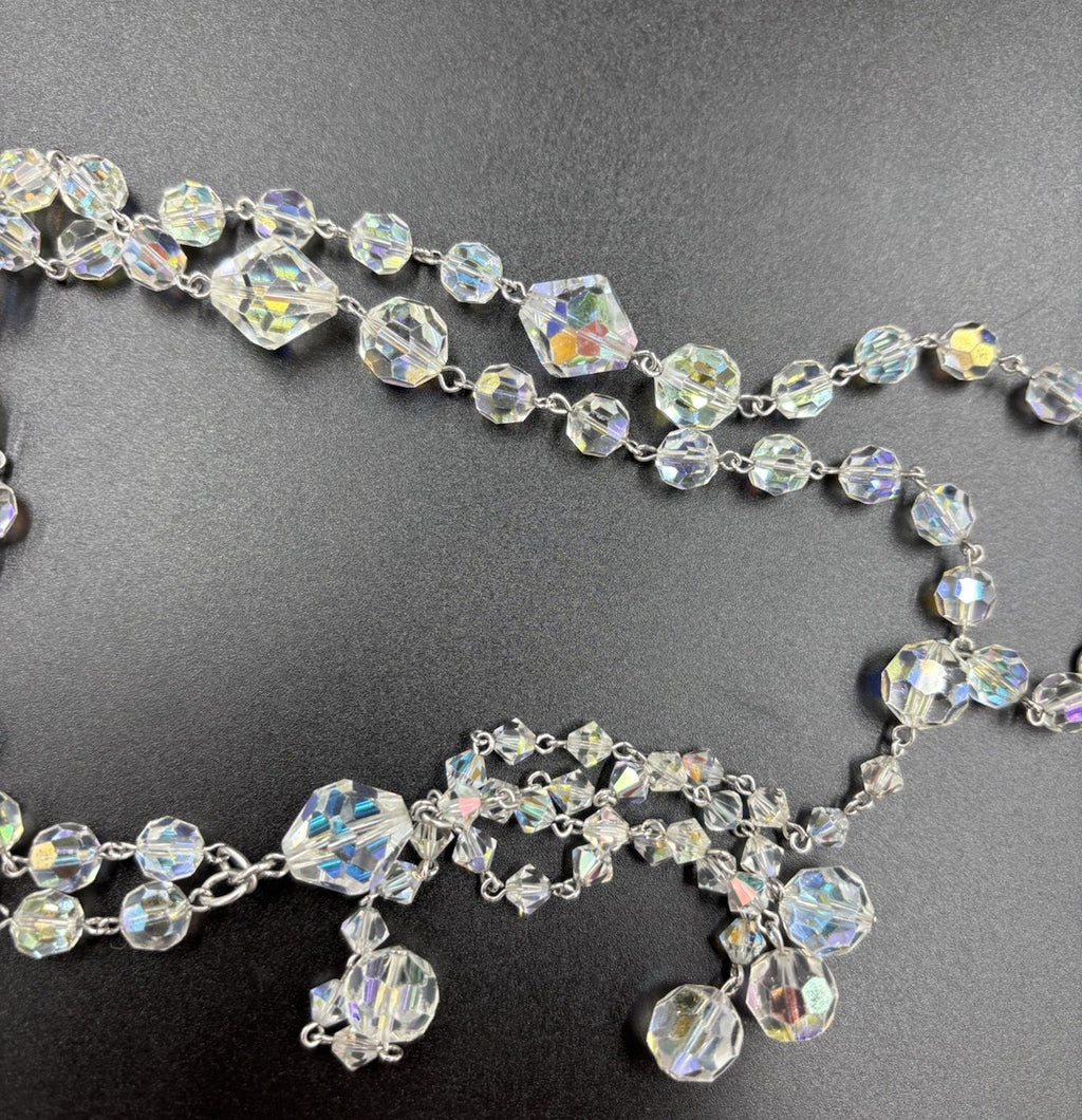 Vintage 1950s Aurora Borealis Crystal Necklace & Earrings Set Tassel Drop