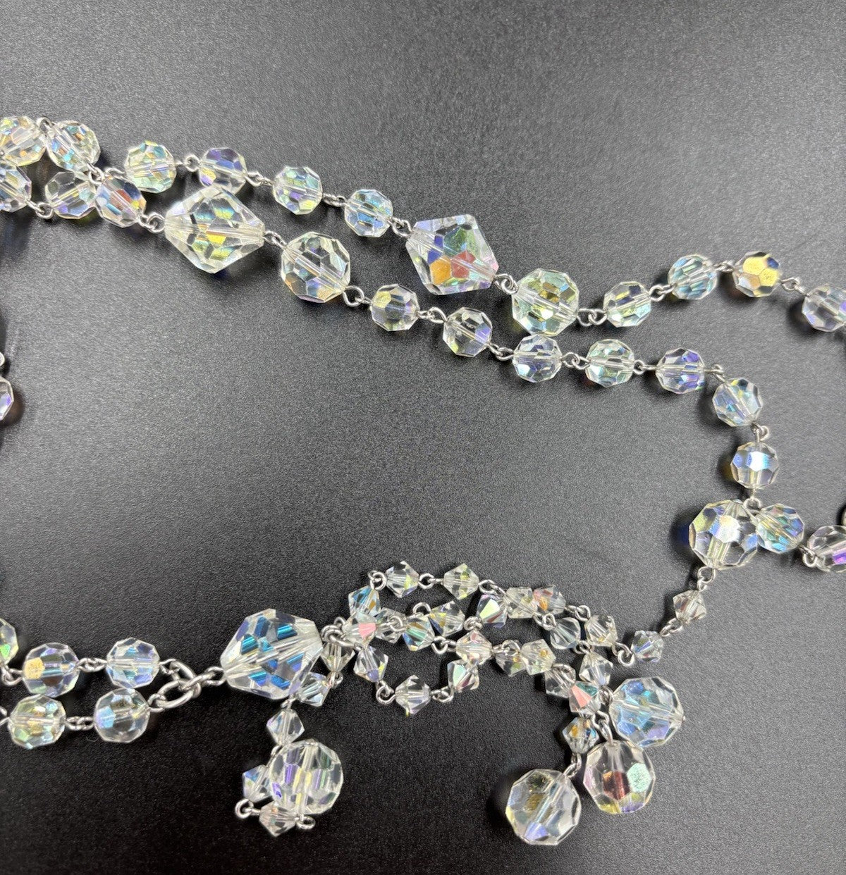 Vintage 1950s Aurora Borealis Crystal Necklace & Earrings Set Tassel Drop