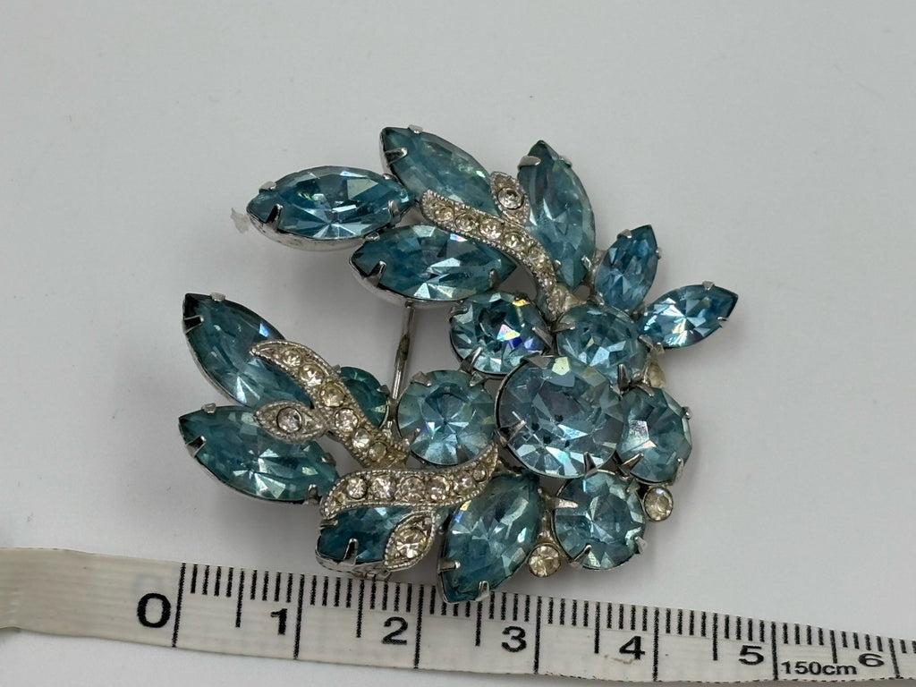 Vintage Signed Eisenberg Ice Rhodium Plated Blue Rhinestone Leaf Spray Brooch